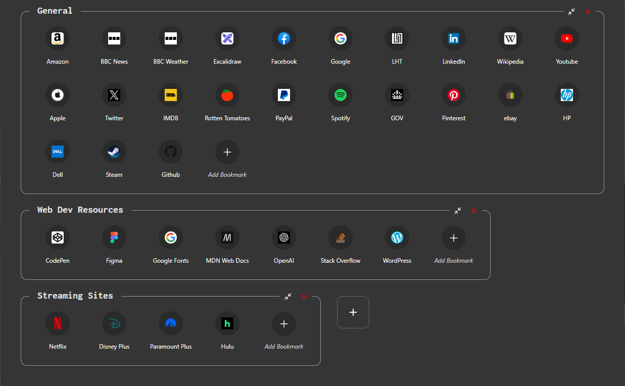 Screenshot of multiple shortcuts, named & organised into categories.