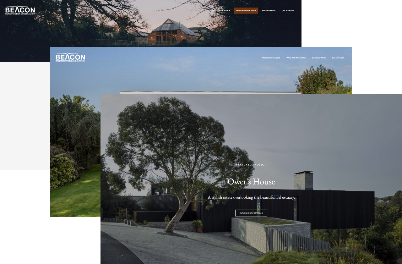 Collage of screenshots showing the home, associates and featured project page of the Beacon Construction Consultancy website.