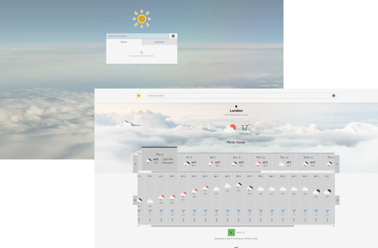 Two overlaid screenshots of the weather app, showing the homepage in the background and a forecast for London in the foreground.