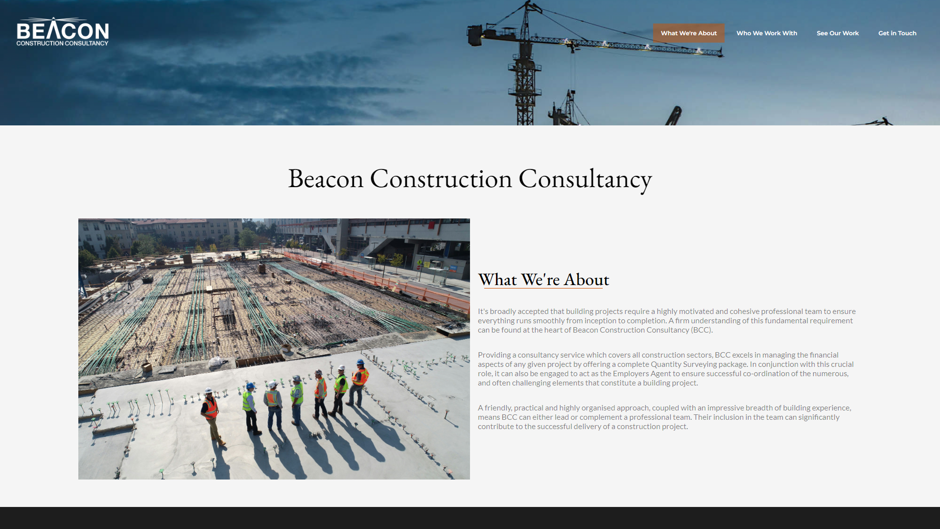 Screenshot of Beacon Construction Consultancy's about page, featuring an image of a construction site and a brief summary of the business.