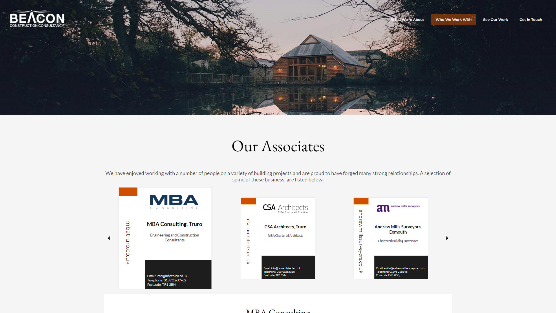 Screenshot of Beacon Construction Consultancy's associates page, showing a header image of a baron and cards for business associates.