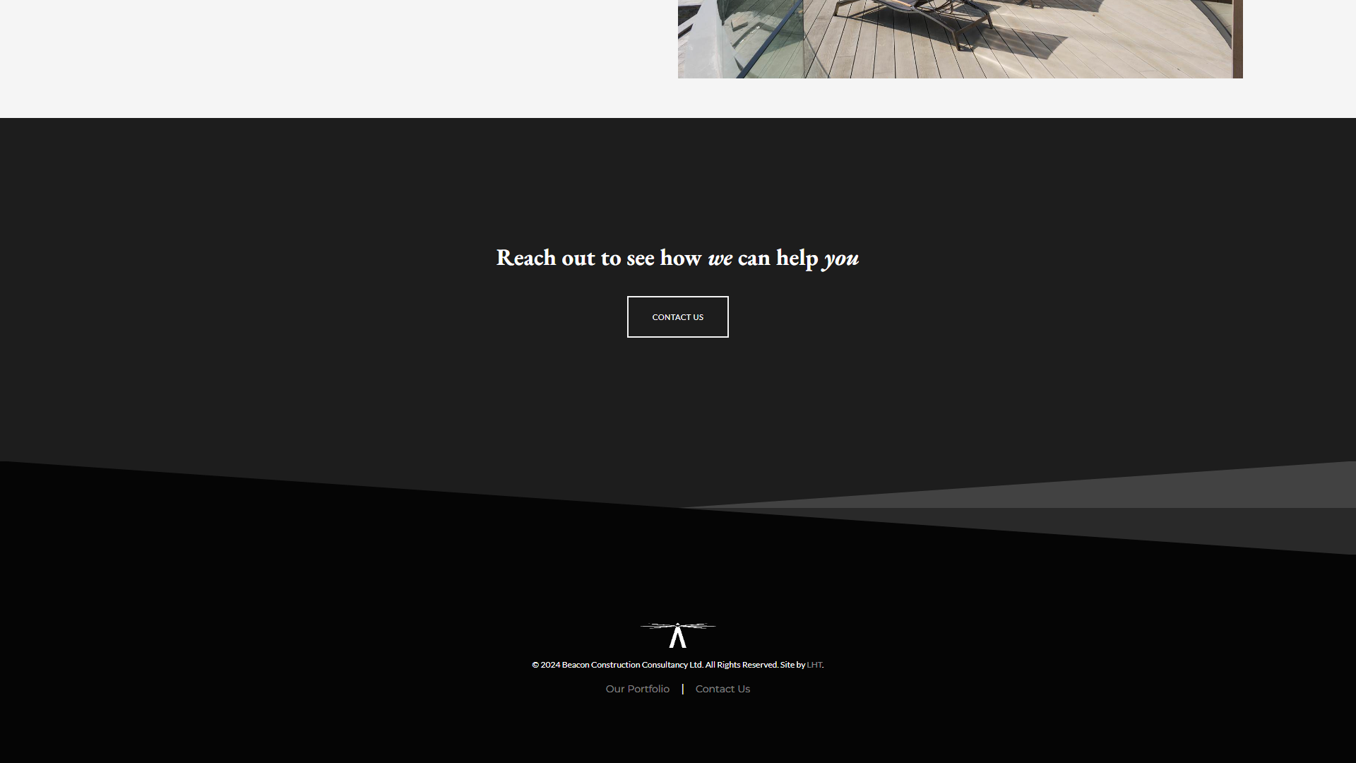 Screenshot of Beacon Construction Consultancy's about page, showing a call to action link to their contact page & a modern styled footer.