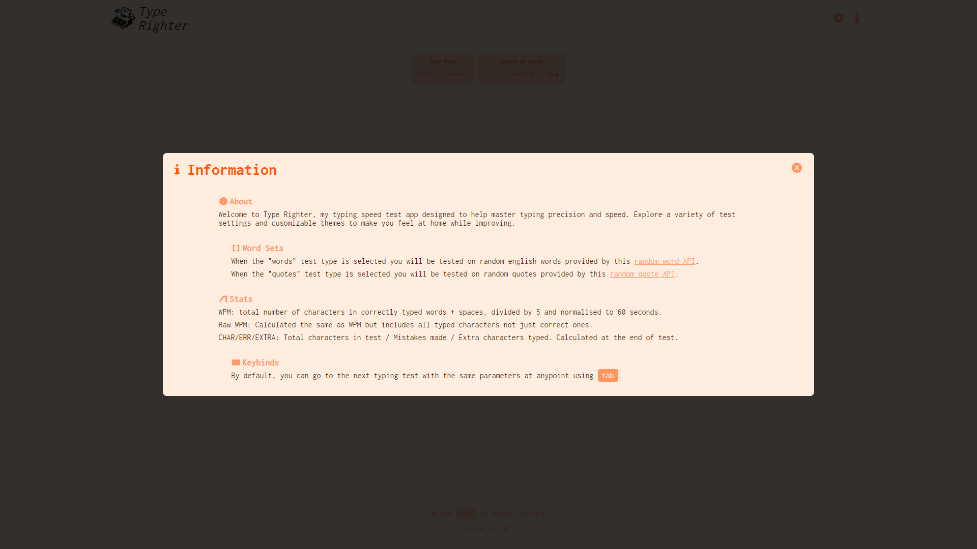 Screenshot of the typing app information modal, explaining the app's purpose, word sets, stats calculation, and keybindings