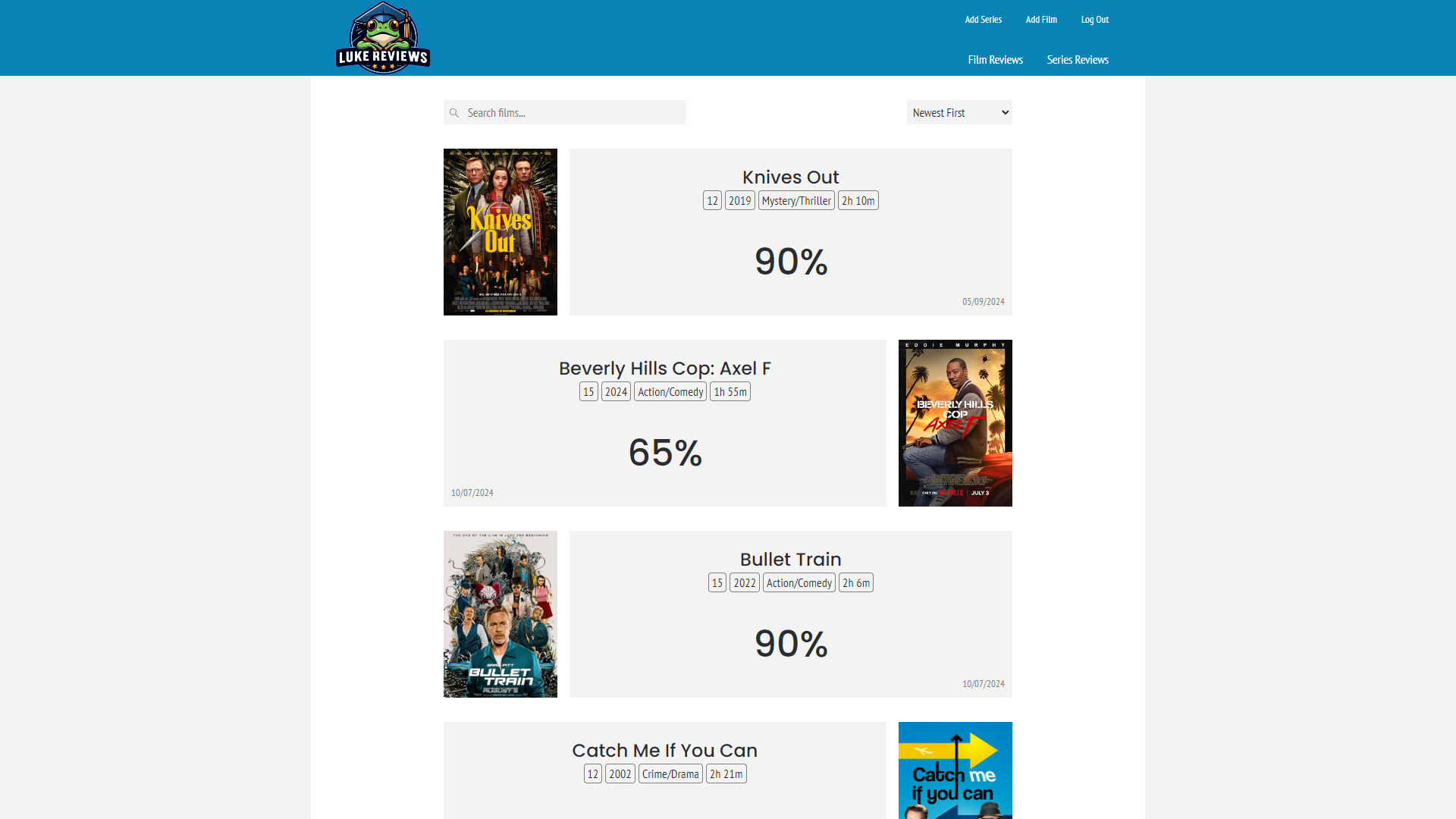 Screenshot of film reviews page showing newest reviews first.