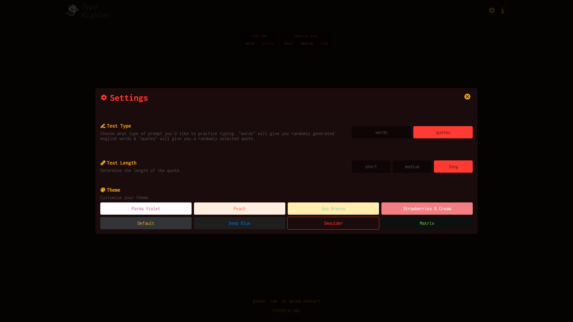 Screenshot of the typing app's settings modal, containing options for test type, test length & colour themes.